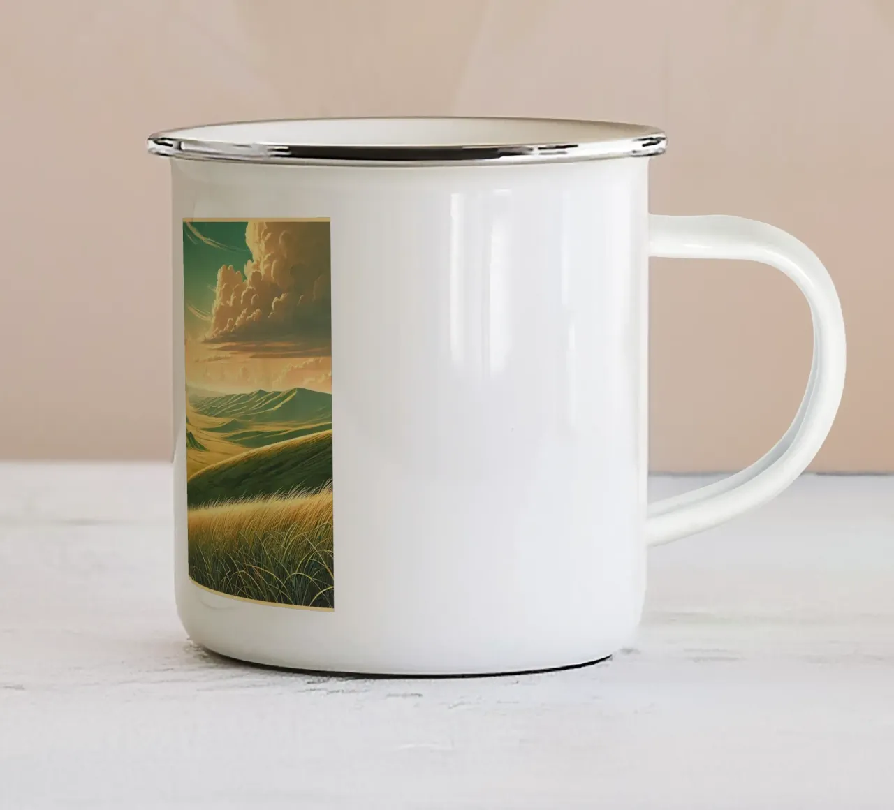 Poster d'epoca Mongolia, steppe infinite tazza in smalto da Chromatic Fusion Studio