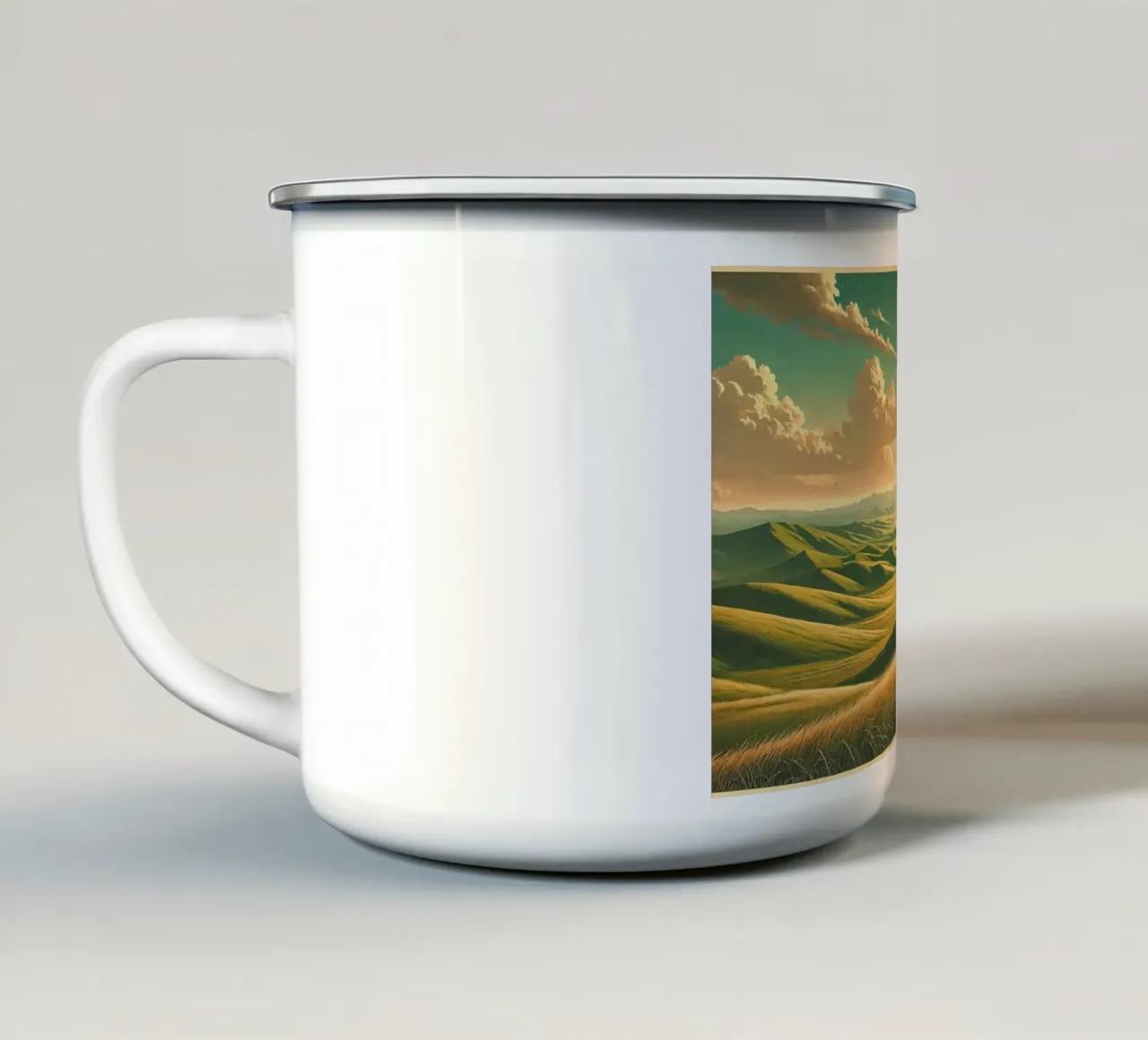 Poster d'epoca Mongolia, steppe infinite tazza in smalto da Chromatic Fusion Studio