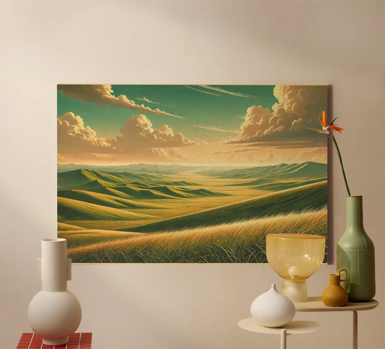 Poster d'epoca Mongolia, steppe infinite tela con Cornice a cassetta da Chromatic Fusion Studio