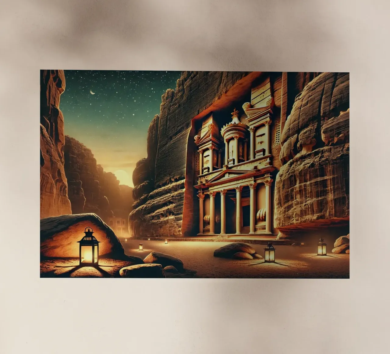 Poster notturno d'epoca di Petra, Giordania pellicola backlit da Chromatic Fusion Studio