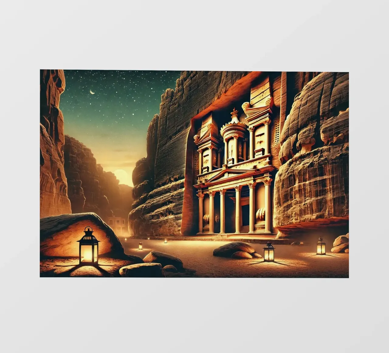 Poster notturno d'epoca di Petra, Giordania pellicola backlit da Chromatic Fusion Studio