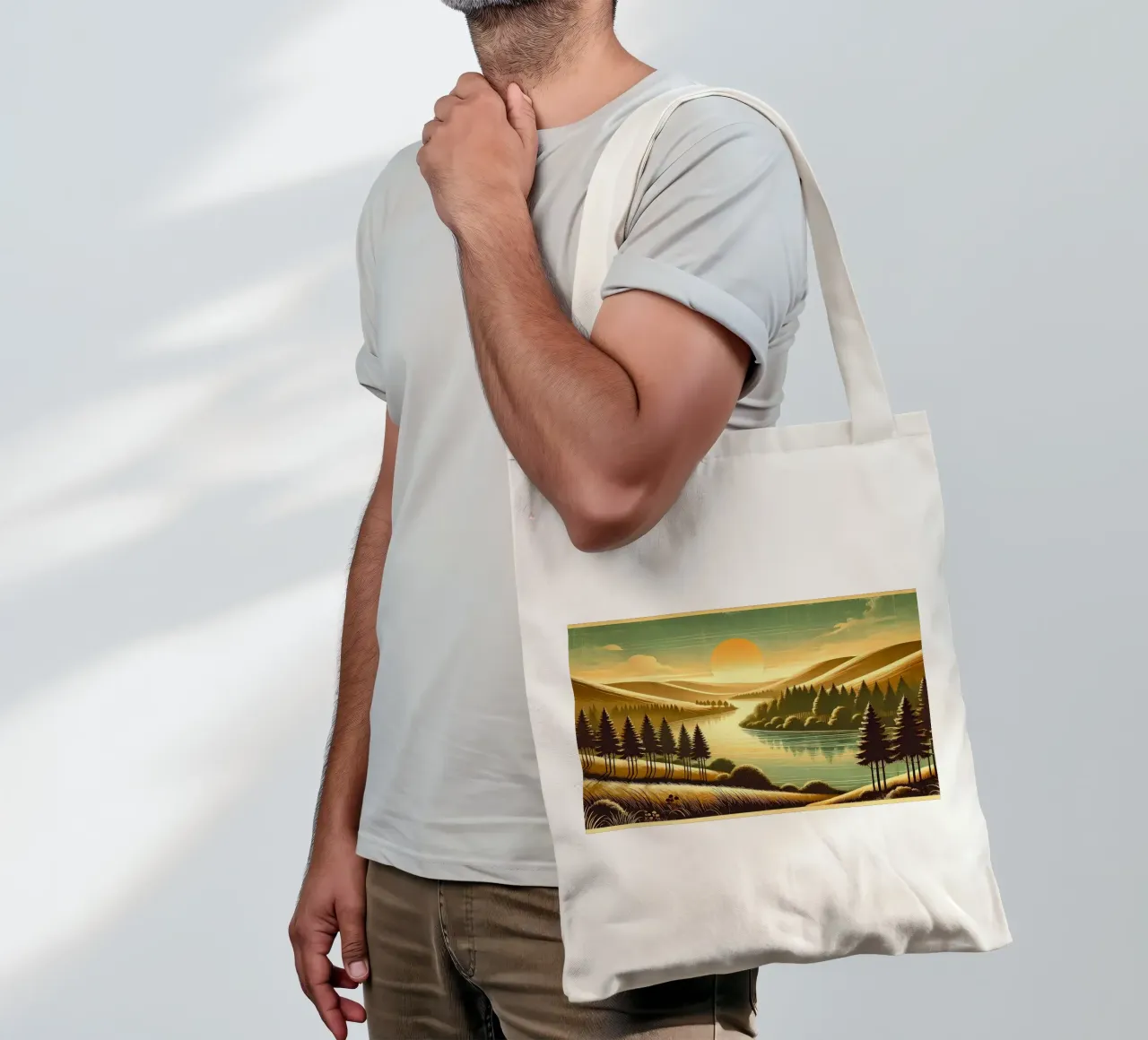 Poster d'epoca con luce mattutina del fiume borsa in juta da Chromatic Fusion Studio