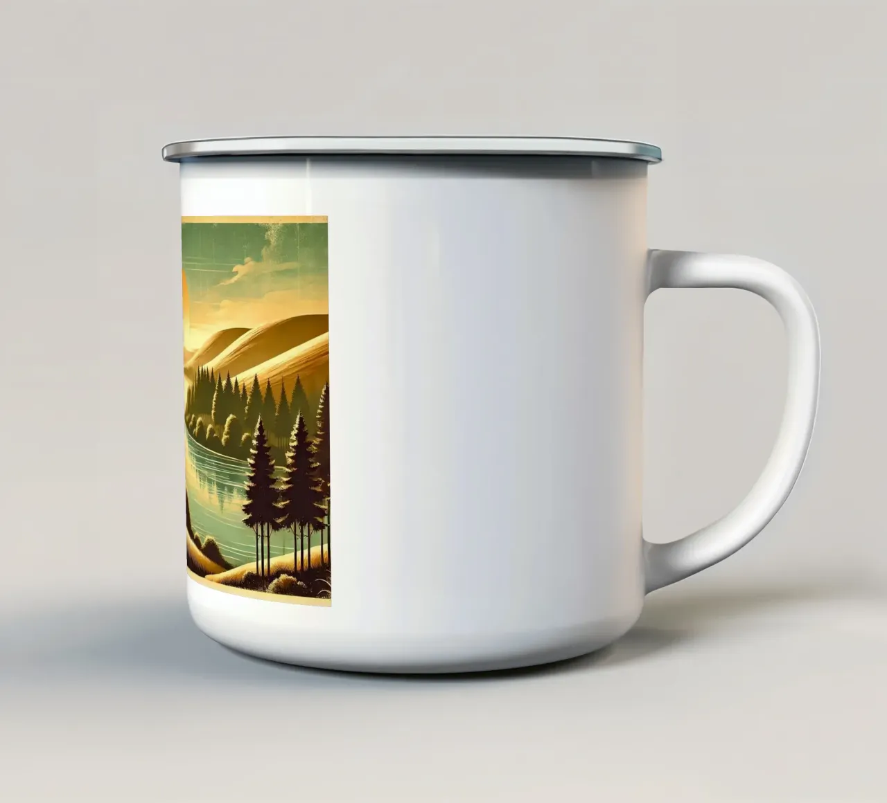Poster d'epoca con luce mattutina del fiume tazza in smalto da Chromatic Fusion Studio
