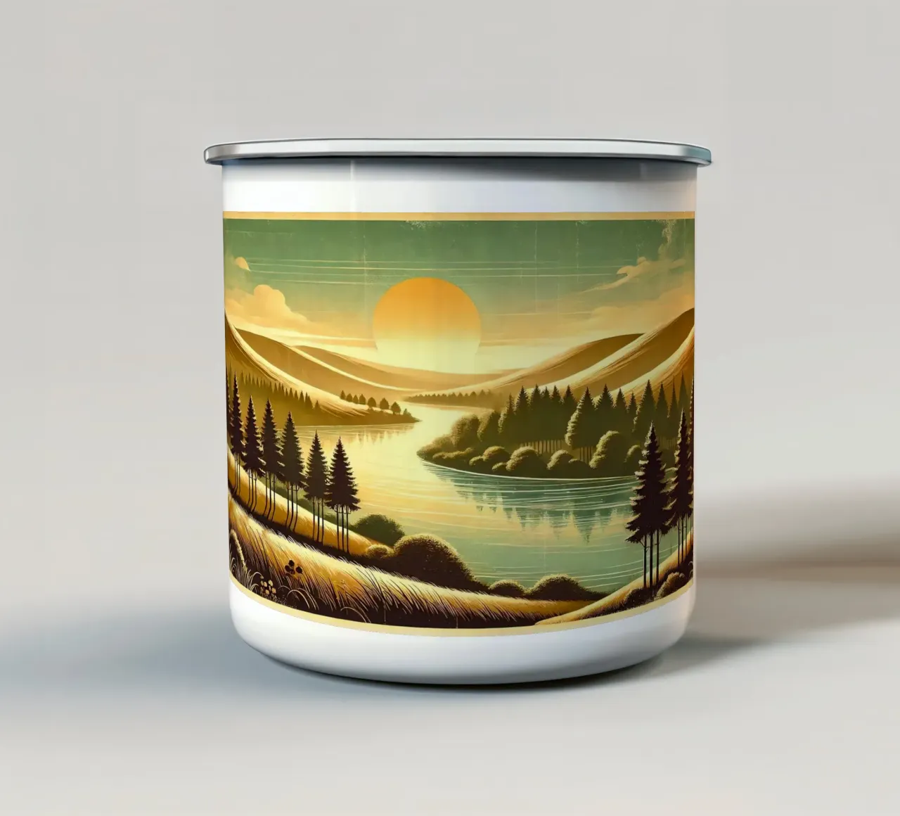 Poster d'epoca con luce mattutina del fiume tazza in smalto da Chromatic Fusion Studio
