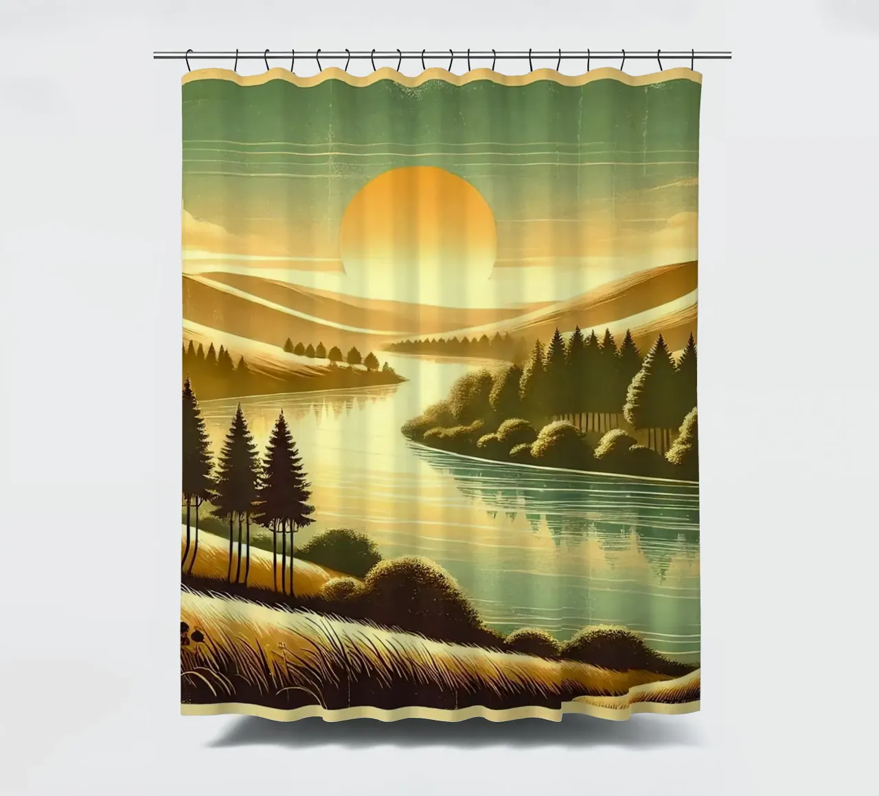 Poster d'epoca con luce mattutina del fiume tenda da doccia da Chromatic Fusion Studio