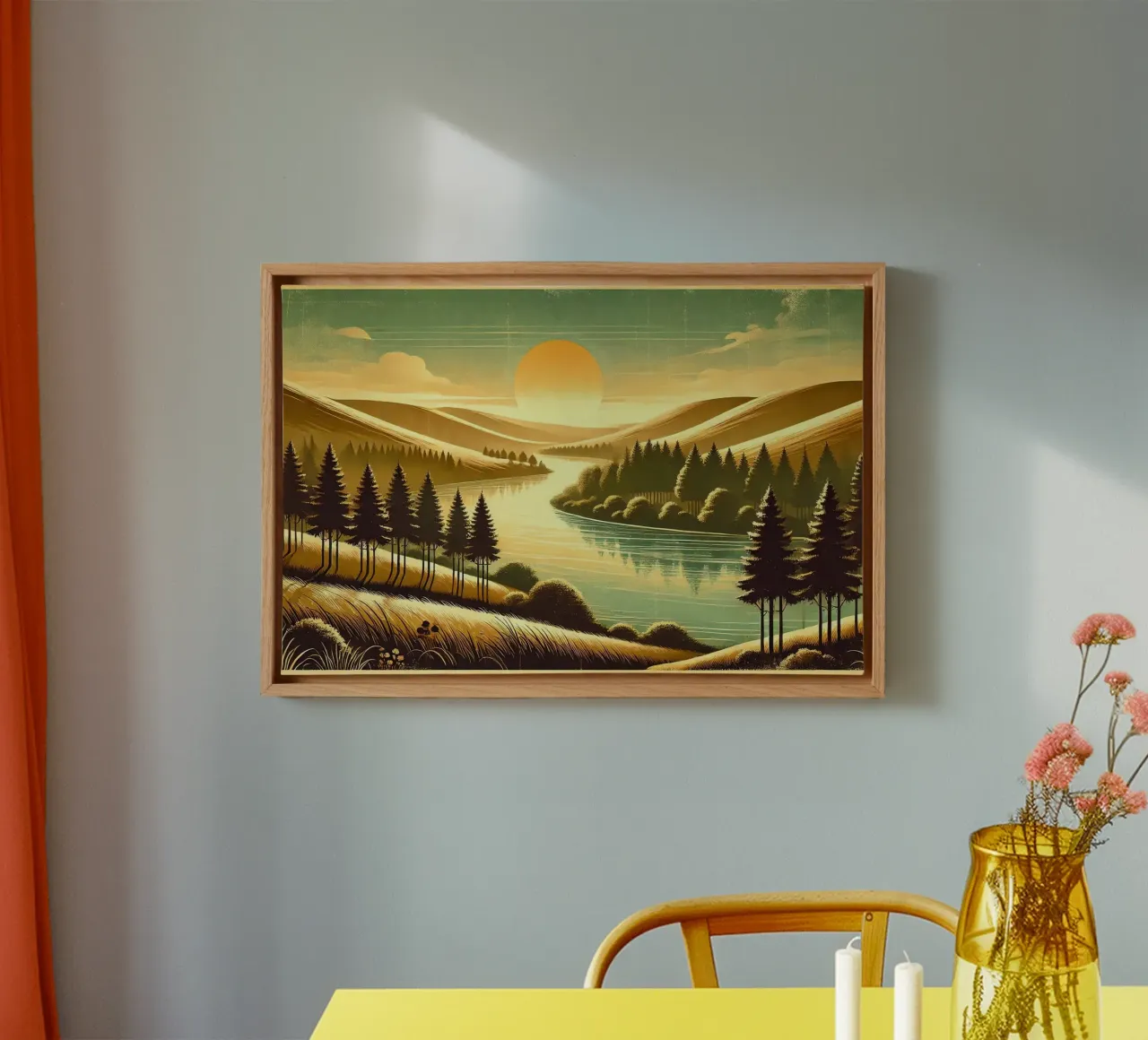 Poster d'epoca con luce mattutina del fiume tela con Cornice a cassetta da Chromatic Fusion Studio