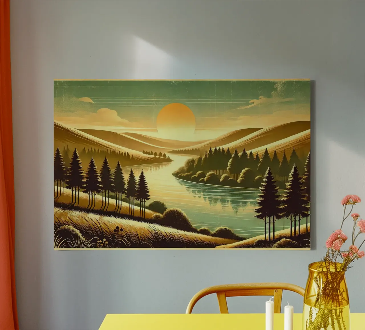 Poster d'epoca con luce mattutina del fiume tela con Cornice a cassetta da Chromatic Fusion Studio
