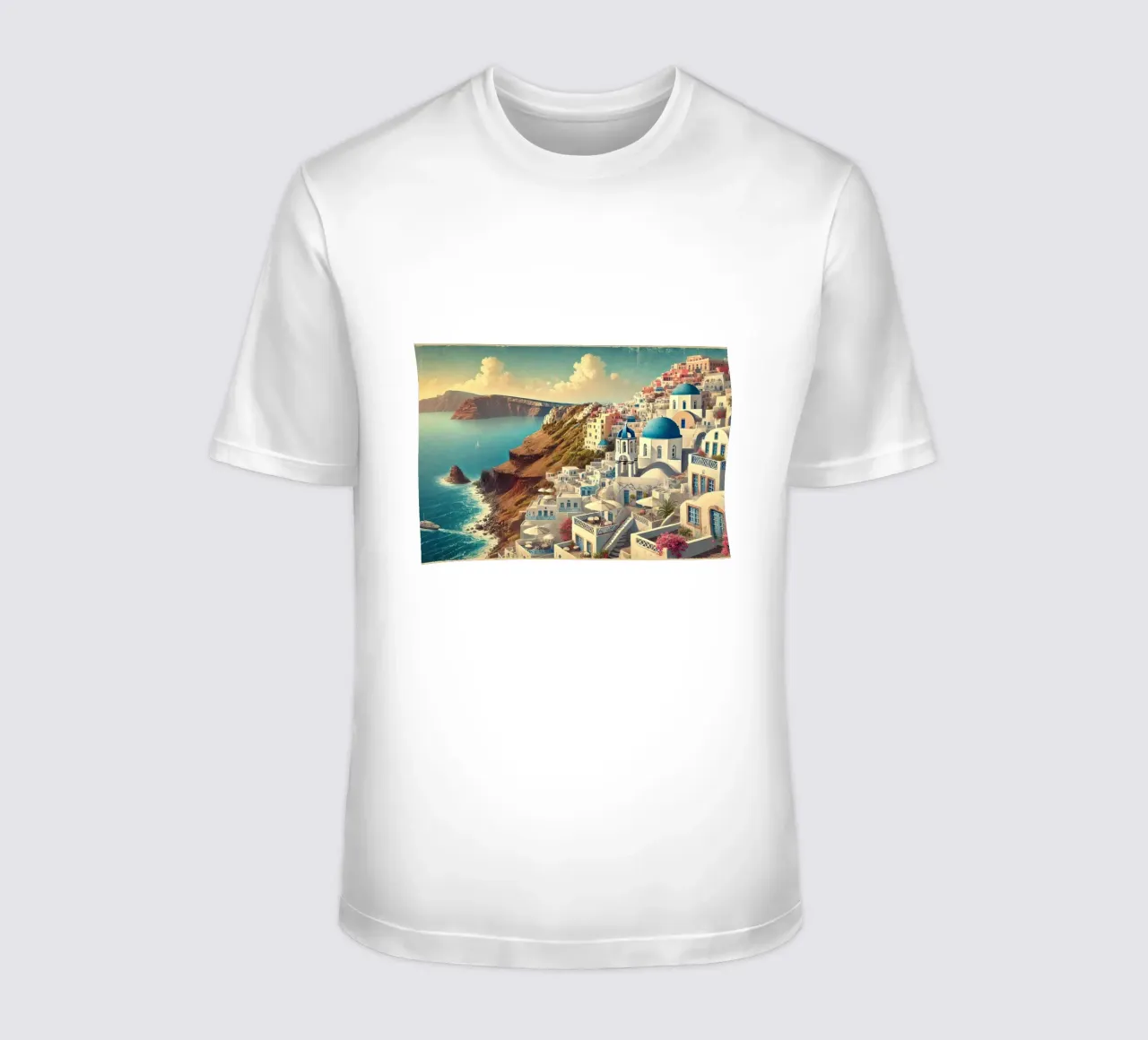 Poster d'epoca sulla scogliera di Santorini, Grecia t-shirt da Chromatic Fusion Studio