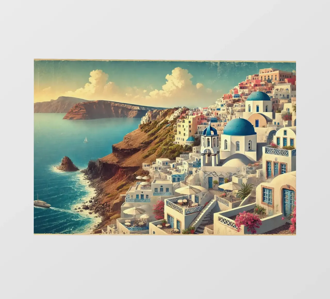 Poster d'epoca sulla scogliera di Santorini, Grecia pellicola backlit da Chromatic Fusion Studio