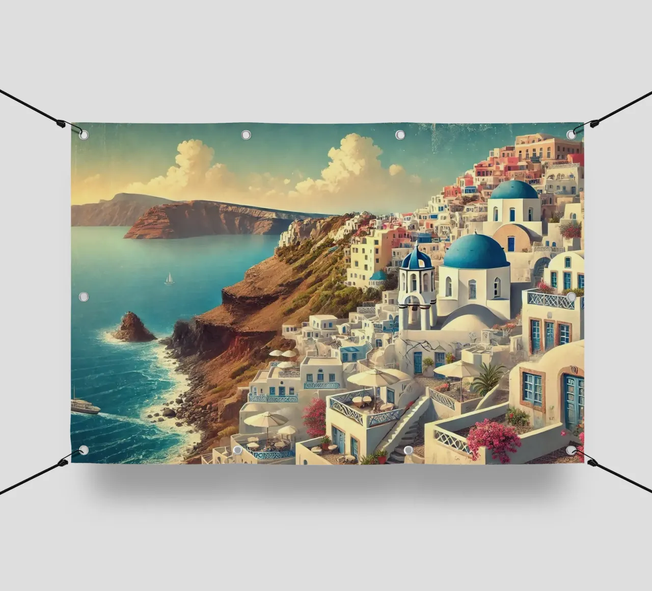 Poster d'epoca sulla scogliera di Santorini, Grecia telo in pvc da Chromatic Fusion Studio