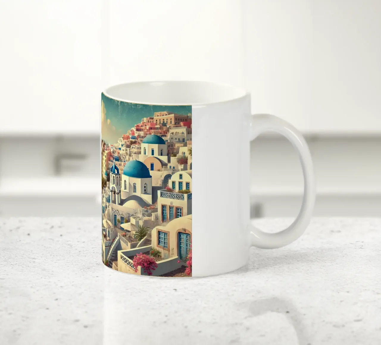 Poster d'epoca sulla scogliera di Santorini, Grecia tazza in ceramica da Chromatic Fusion Studio