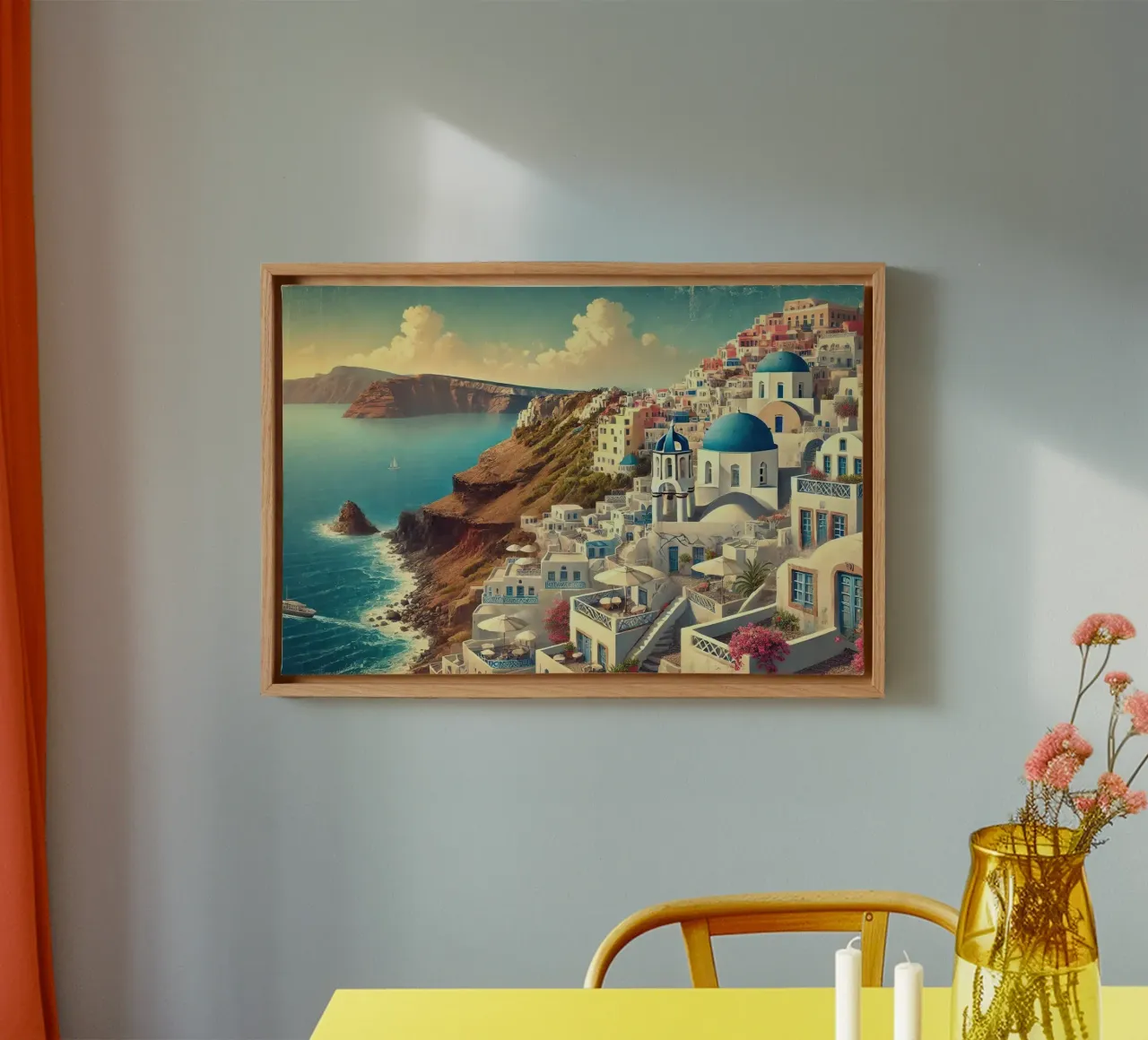 Poster d'epoca sulla scogliera di Santorini, Grecia tela con Cornice a cassetta da Chromatic Fusion Studio