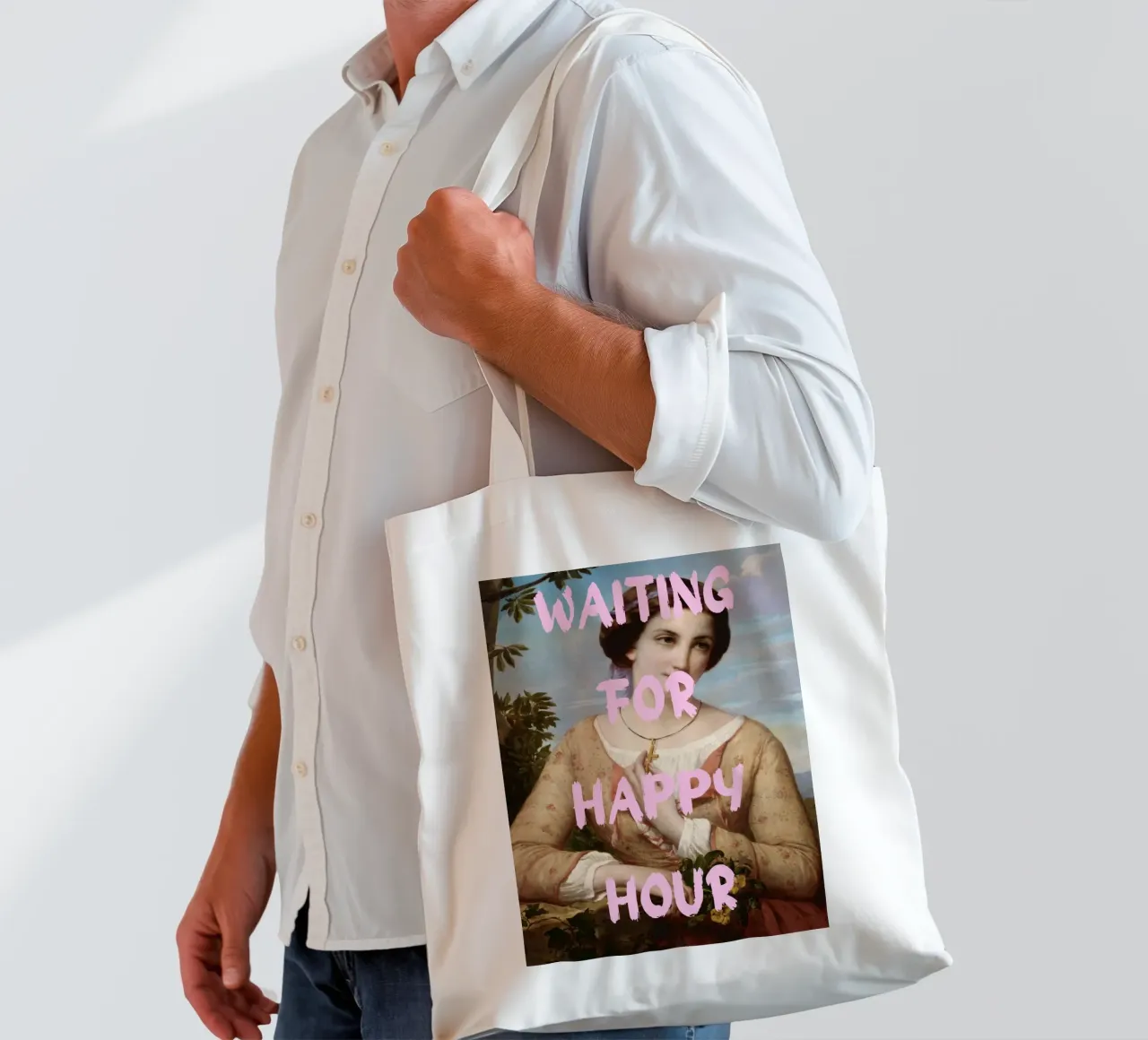 "Aspettando l'Happy Hour" - Pop Art, Remix classico, umorismo, borsa in juta da NorwesClub