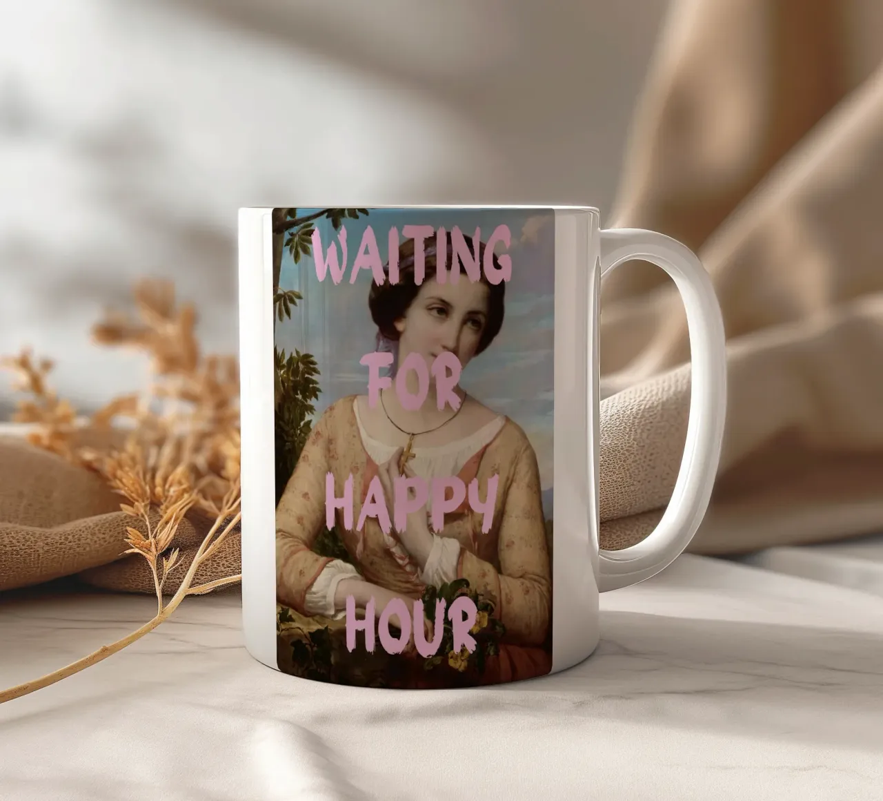 "Waiting for Happy Hour" - Pop Art, Remix clásico, Humorístico, taza de cerámica de NorwesClub