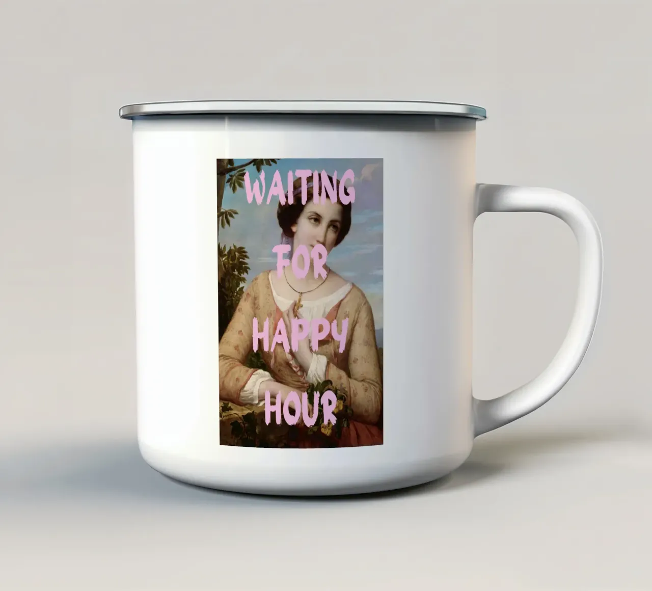 "Waiting for Happy Hour" - Pop Art, klassischer Remix, humorvoll, Emaille Tasse von NorwesClub