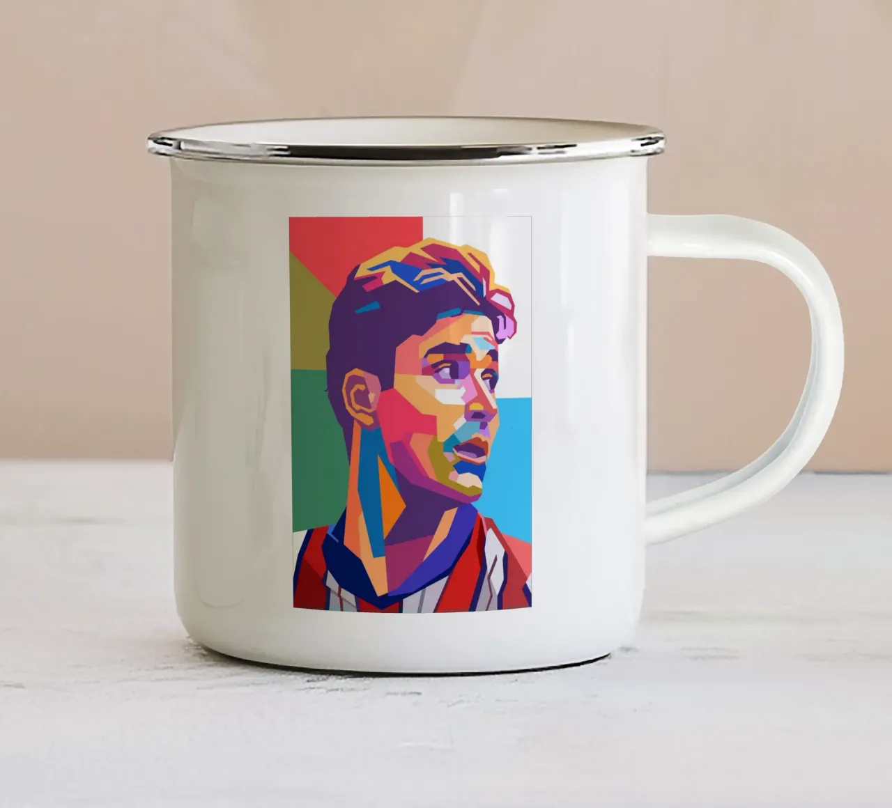 Retrato pop art de Julián Álvarez taza de esmalte de Hantamrata