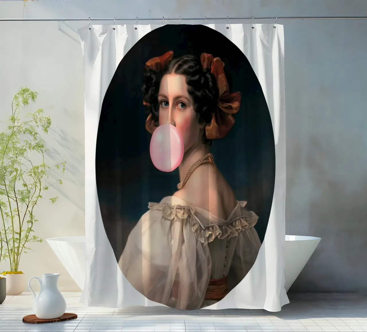 "Bubblegum Elegance" - Klassischer Remix, Pop-Art, verspieltes Porträt Duschvorhang von NorwesClub