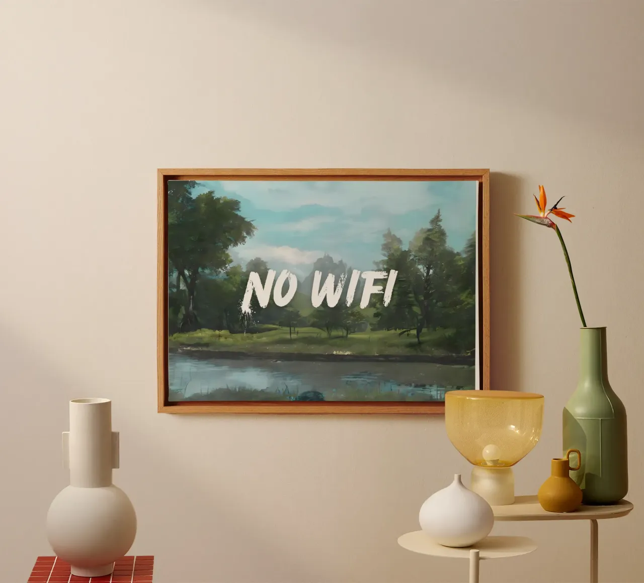 "Geen Wifi - Riverside" - Mokaky, Landschap, Digitale Detox, Se canvas van NorwesClub