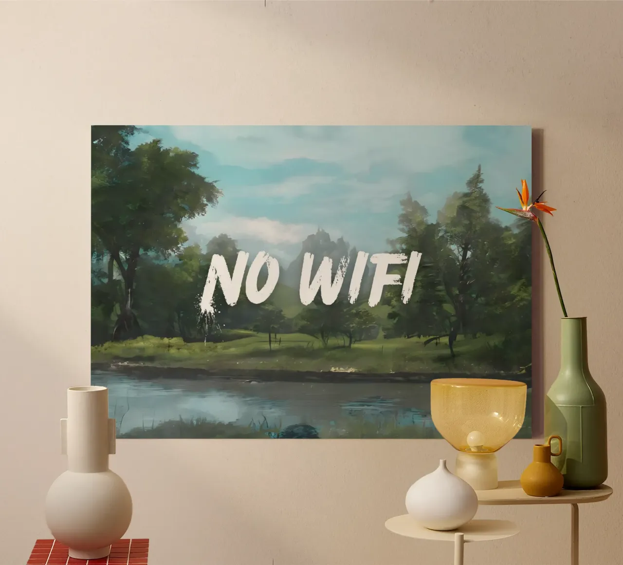 "Geen Wifi - Riverside" - Mokaky, Landschap, Digitale Detox, Se canvas van NorwesClub