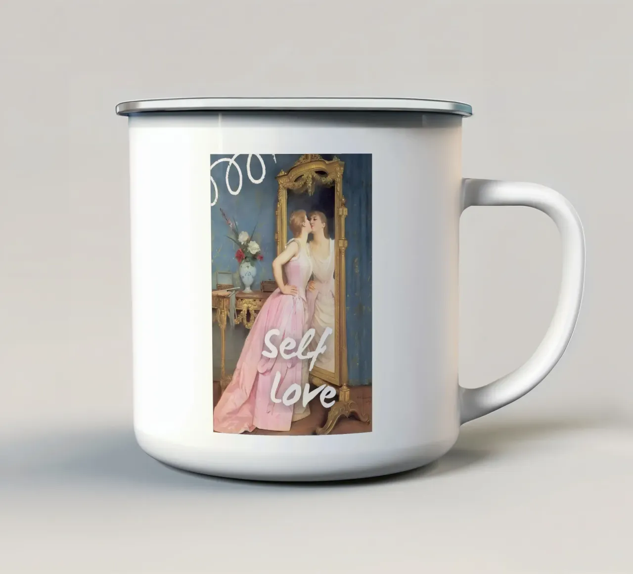 "Riflessione sull'amore di sé" - Remix classico, arte pop, empowerment tazza in smalto da NorwesClub