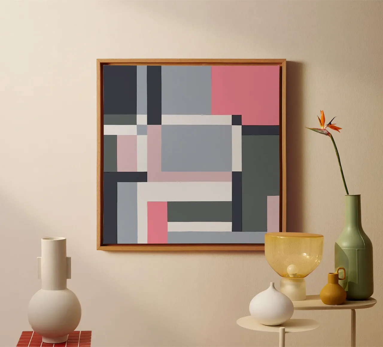 Geometrische balans in roze en grijs canvas met Baklijst van Artbyvo