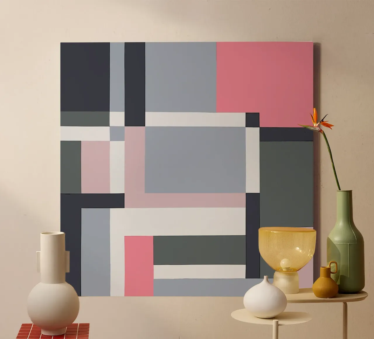 Geometrische balans in roze en grijs canvas met Baklijst van Artbyvo