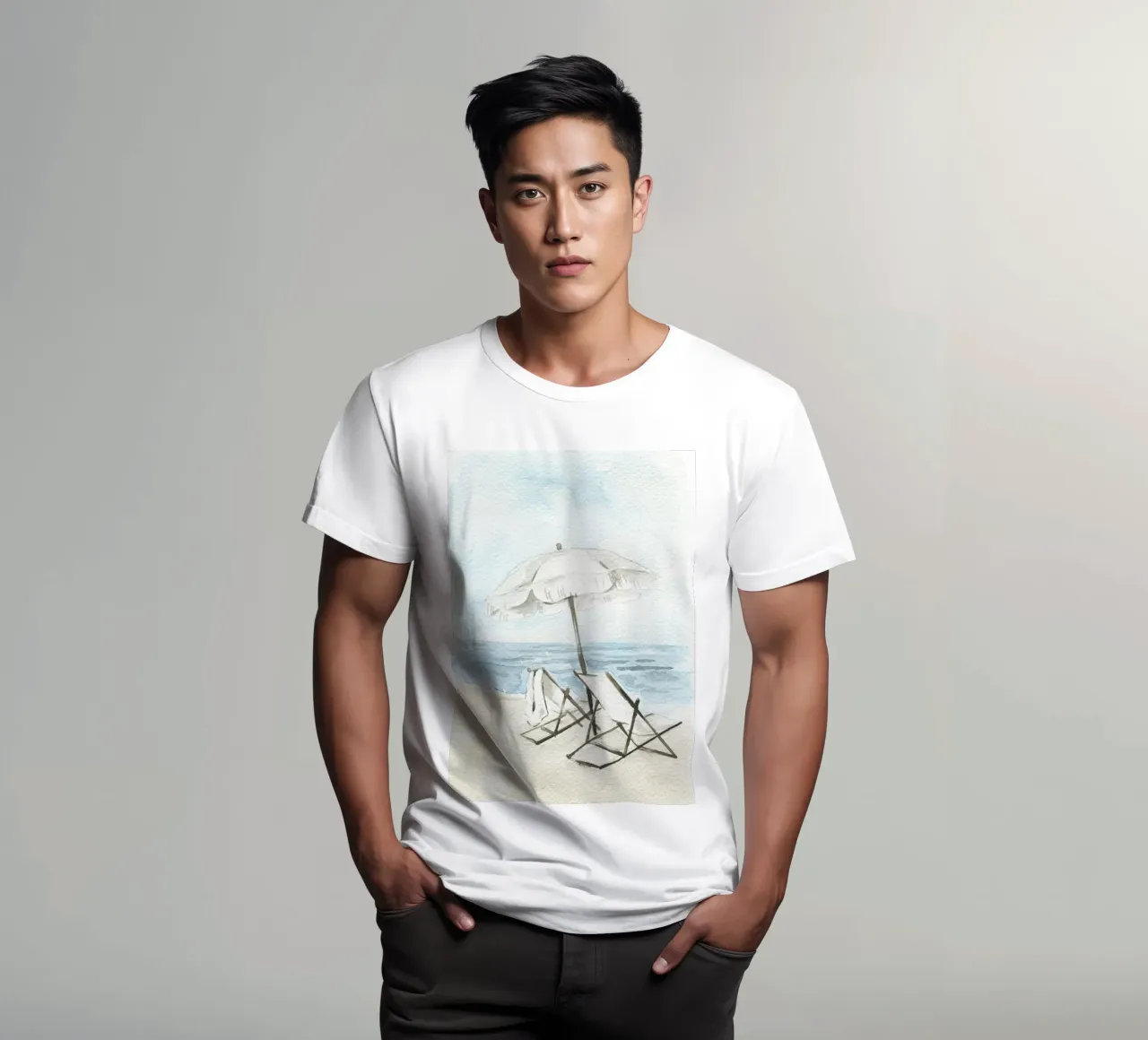 Coastal Chic Watercolor - Beach Chairs & Umbrella Serenity t-shirt by NorwesClub
