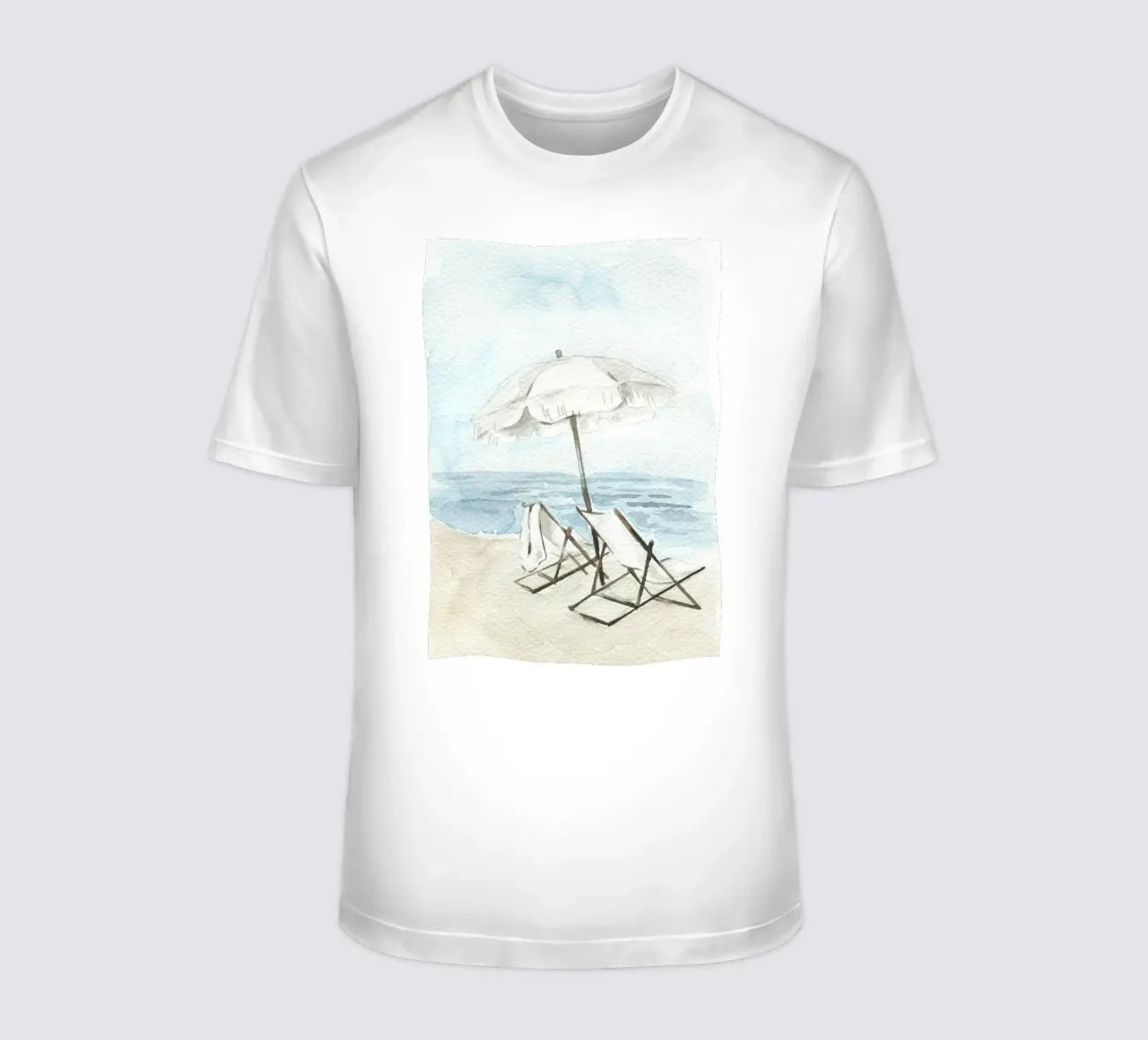 Coastal Chic Watercolor - Beach Chairs & Umbrella Serenity t-shirt by NorwesClub