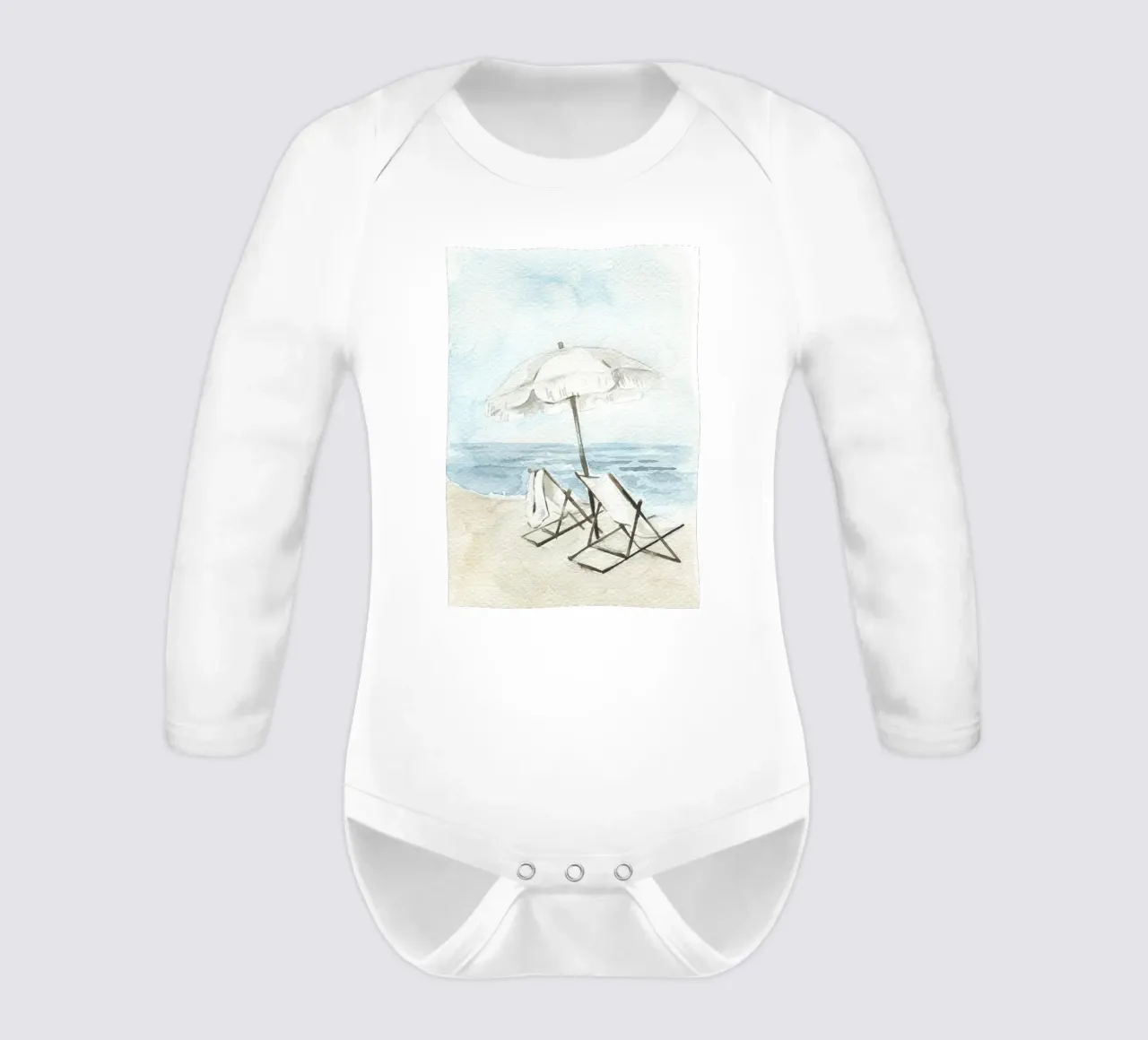 Coastal Chic Watercolor - Beach Chairs & Umbrella Serenity long-sleeve baby romper by NorwesClub