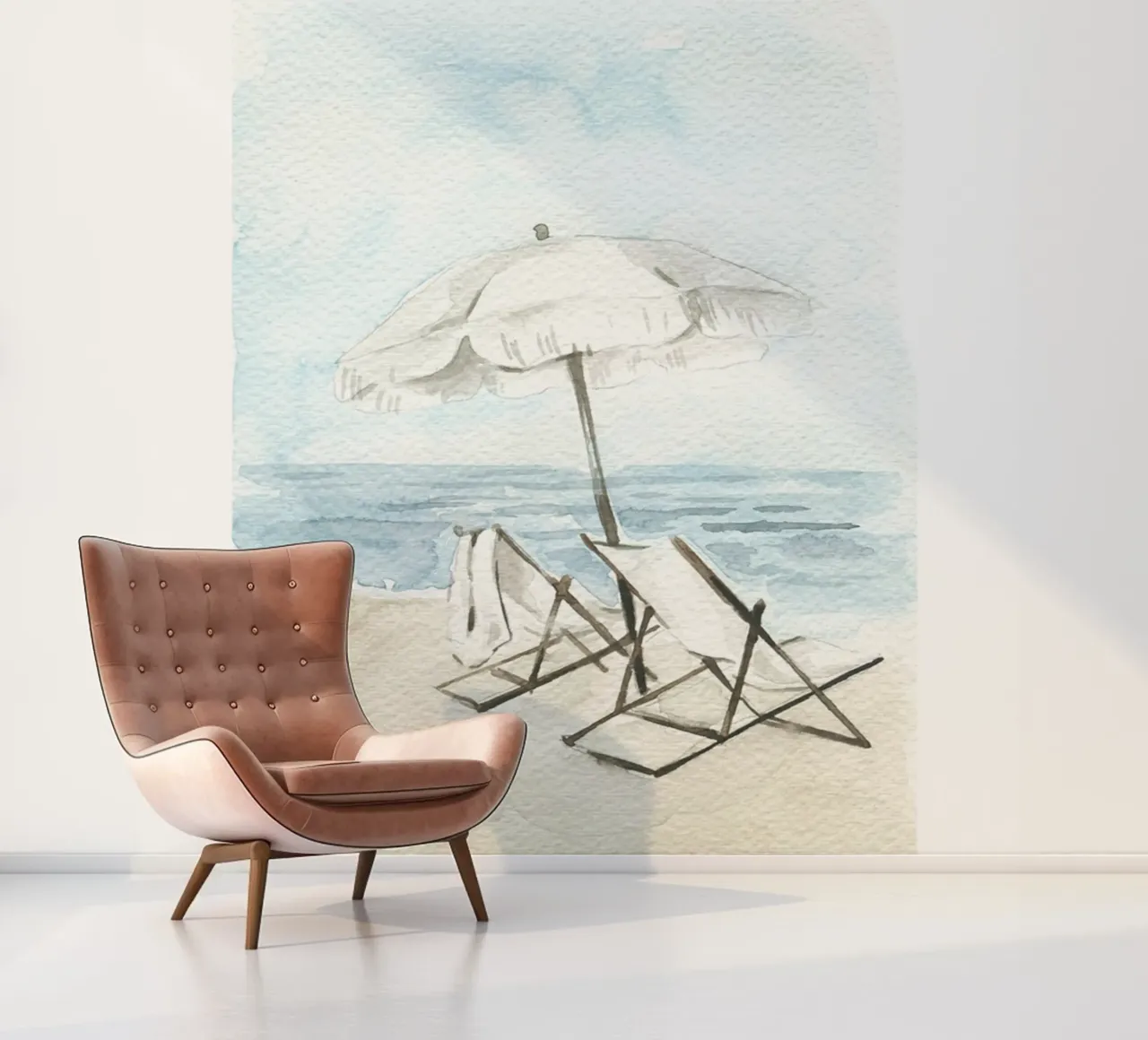 Kustchique aquarel - strandstoelen en parasol Serenity fotobehang van NorwesClub