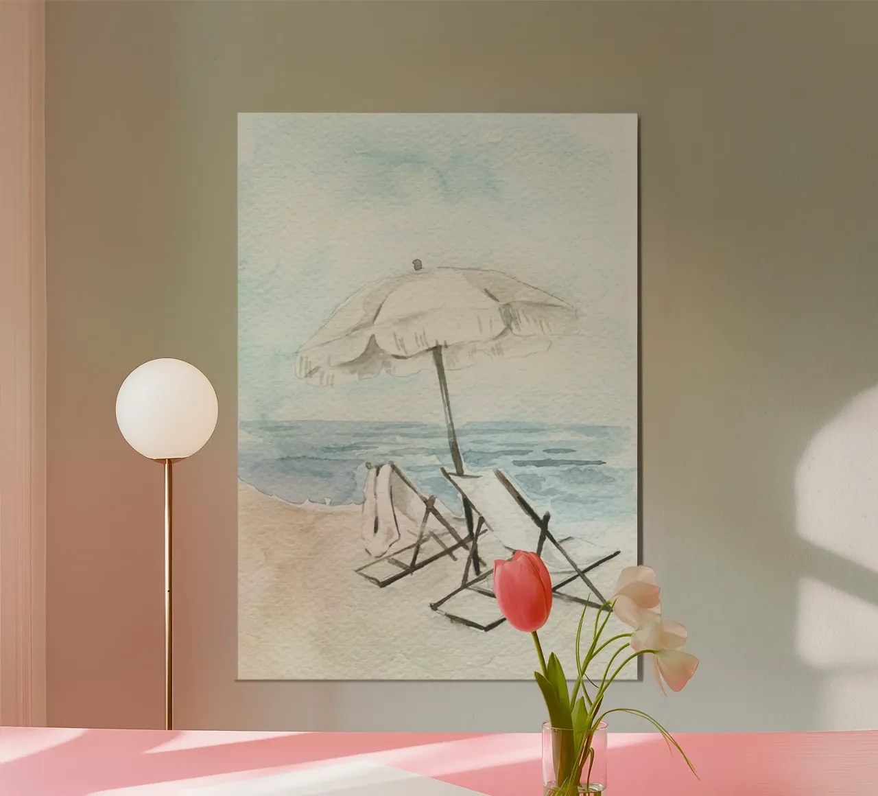 Coastal Chic Watercolor - Beach Chairs & Umbrella Serenity alu-dibond by NorwesClub