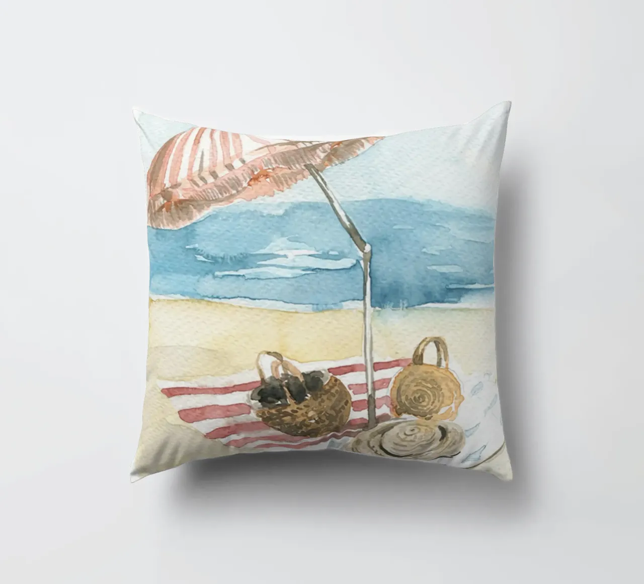 Acquerello vintage sulla spiaggia - Ombrello e cestini a strisce cuscino da NorwesClub
