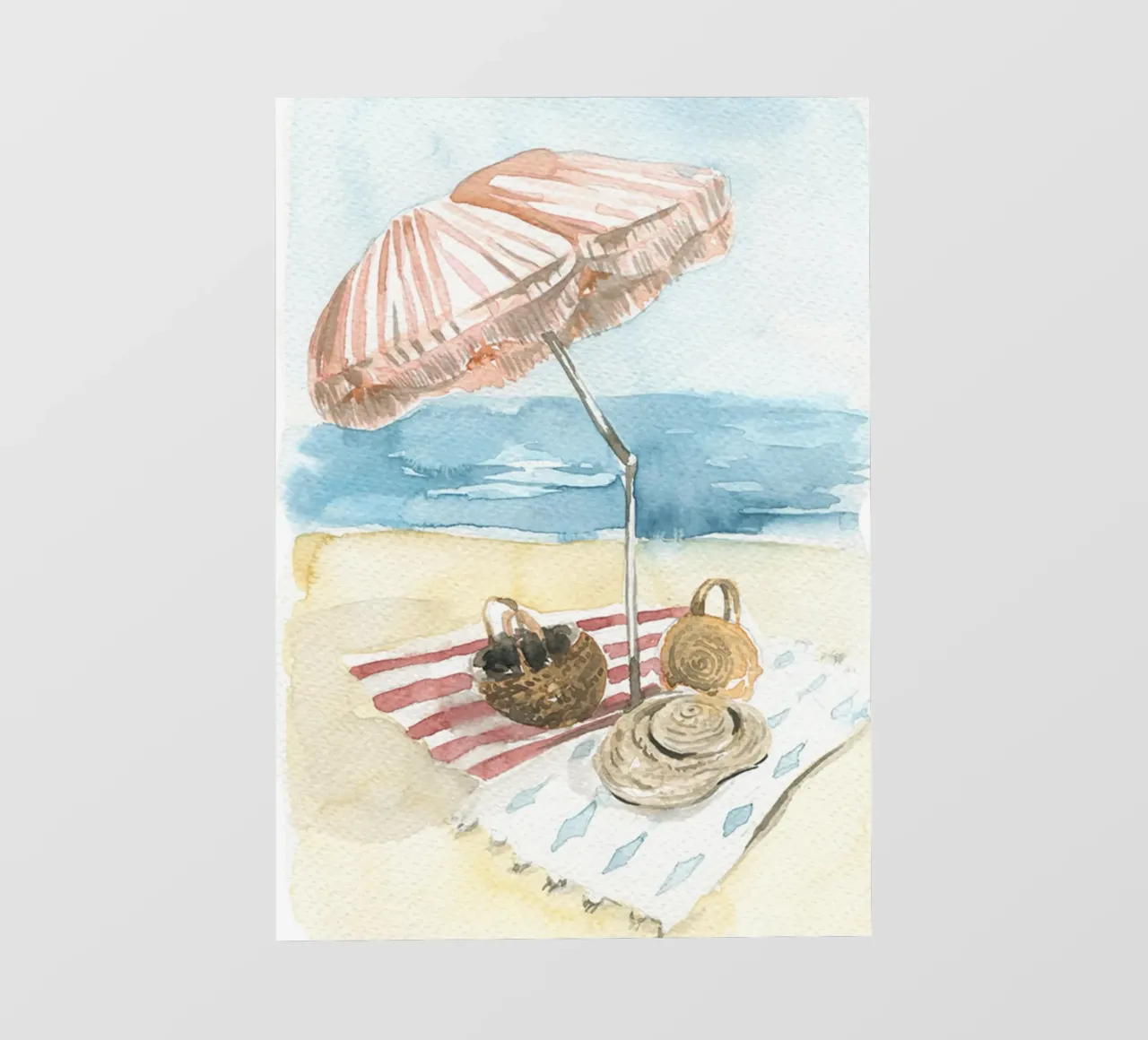 Acquerello vintage sulla spiaggia - Ombrello e cestini a strisce pellicola backlit da NorwesClub