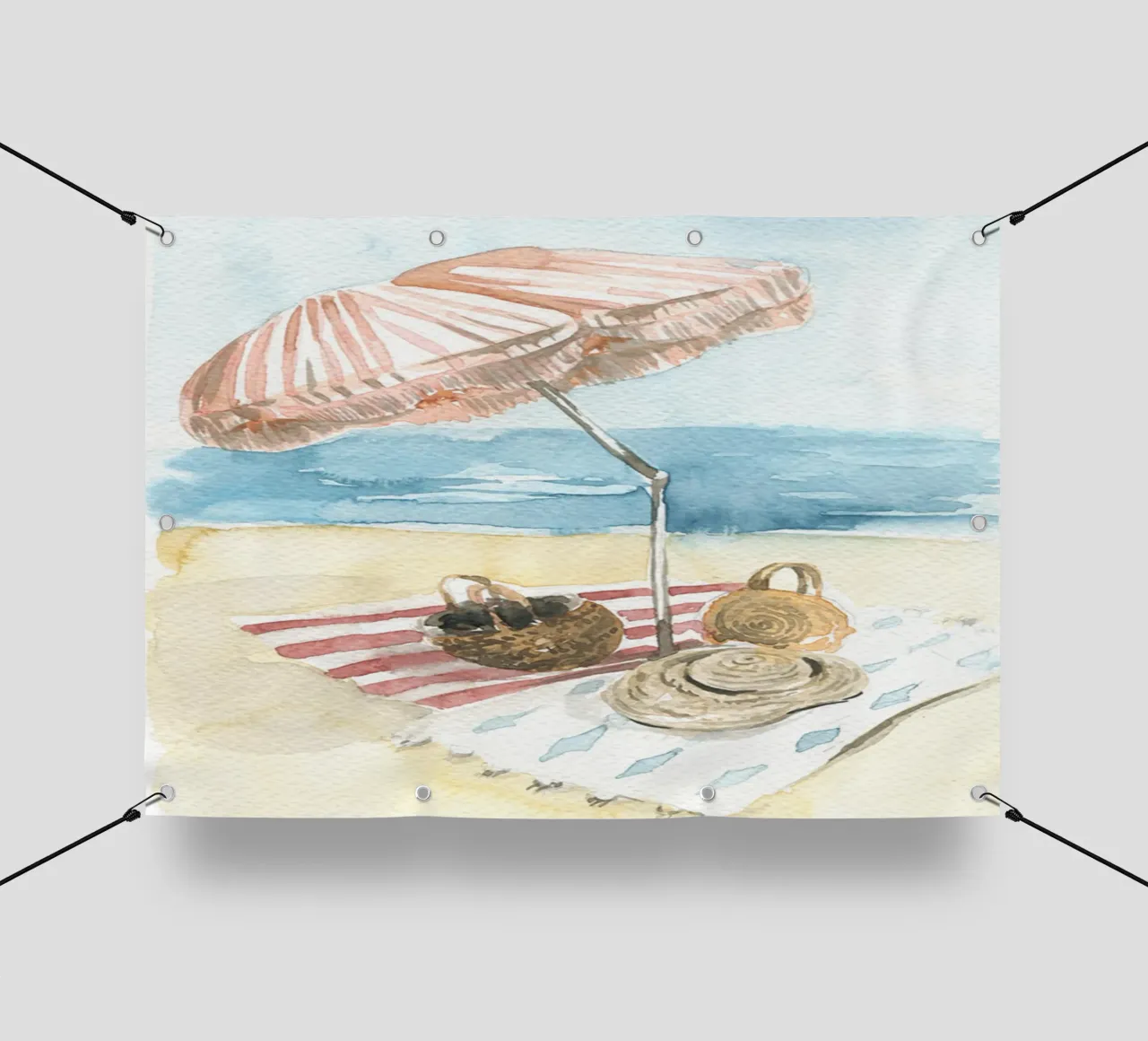 Acquerello vintage sulla spiaggia - Ombrello e cestini a strisce telo in pvc da NorwesClub