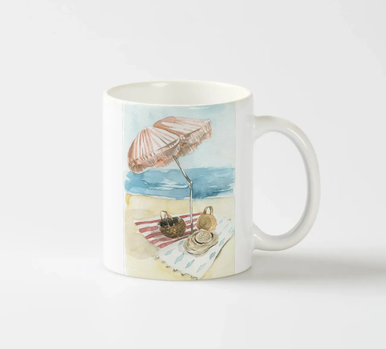 Acquerello vintage sulla spiaggia - Ombrello e cestini a strisce tazza in ceramica da NorwesClub