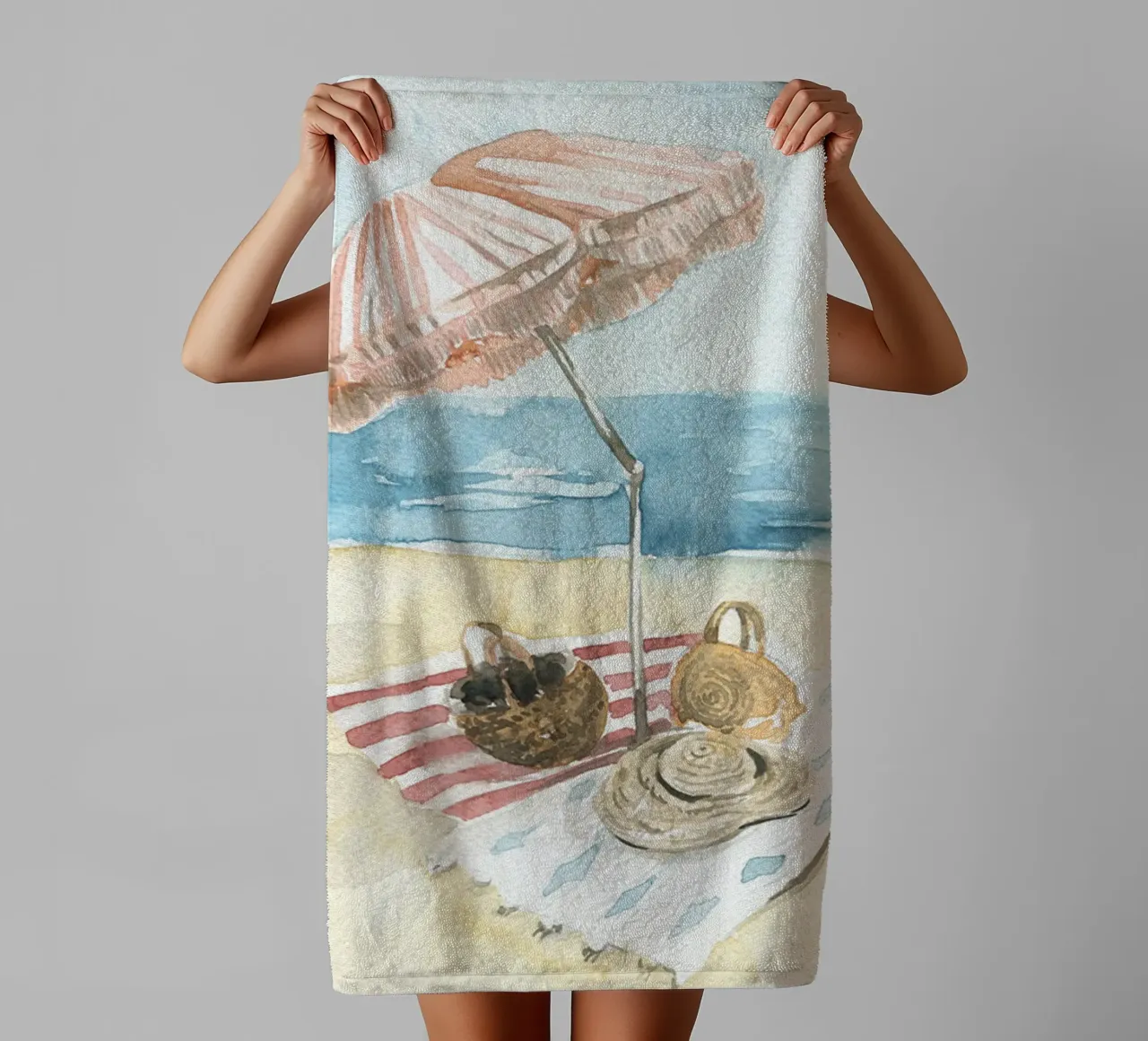 Acquerello vintage sulla spiaggia - Ombrello e cestini a strisce asciugamano da bagno da NorwesClub