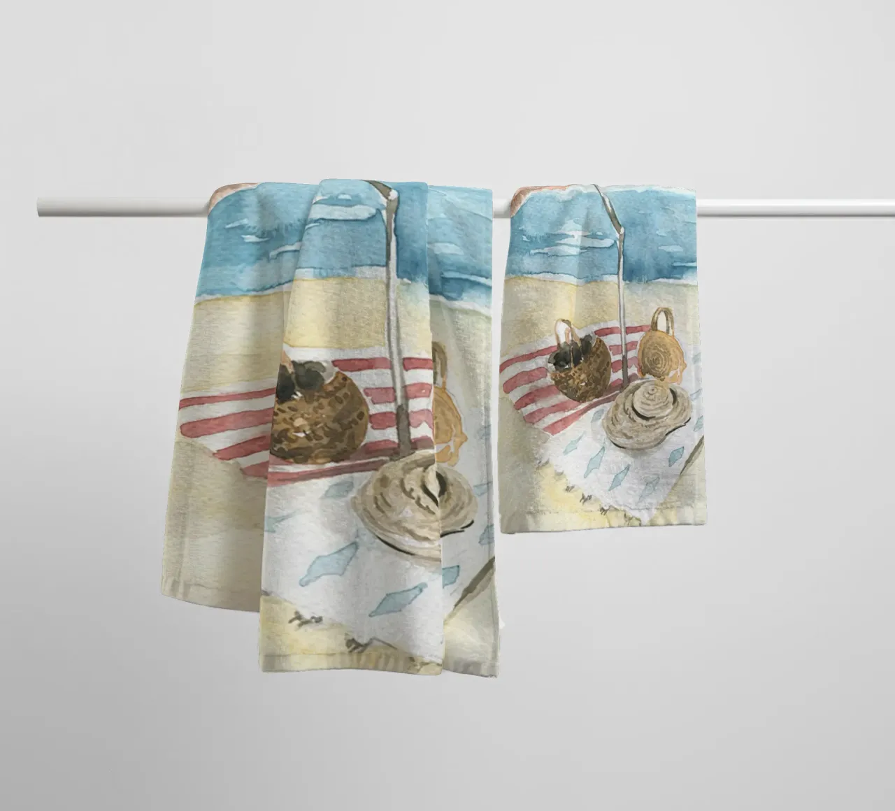 Acquerello vintage sulla spiaggia - Ombrello e cestini a strisce asciugamano da bagno da NorwesClub