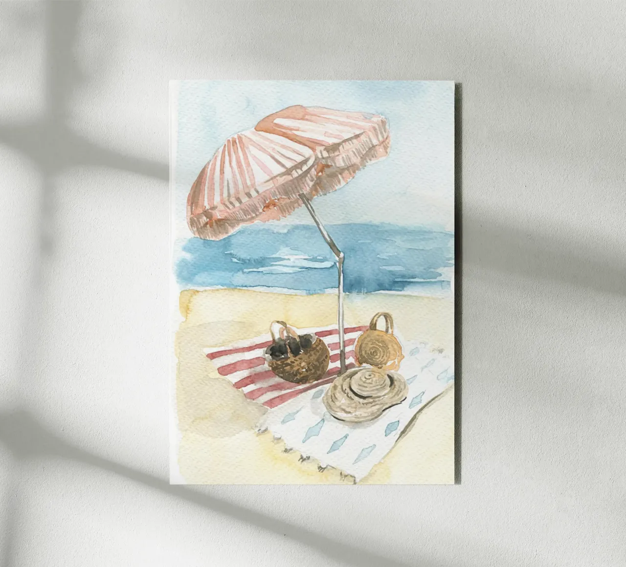 Acquerello vintage sulla spiaggia - Ombrello e cestini a strisce alluminio dibond da NorwesClub