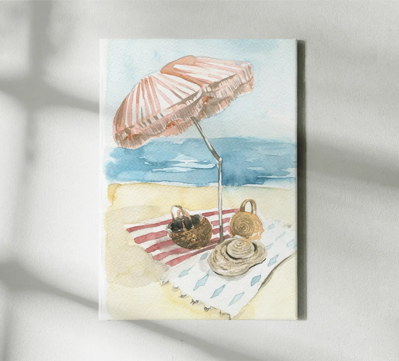 Acquerello vintage sulla spiaggia - Ombrello e cestini a strisce tela con Cornice a cassetta da NorwesClub