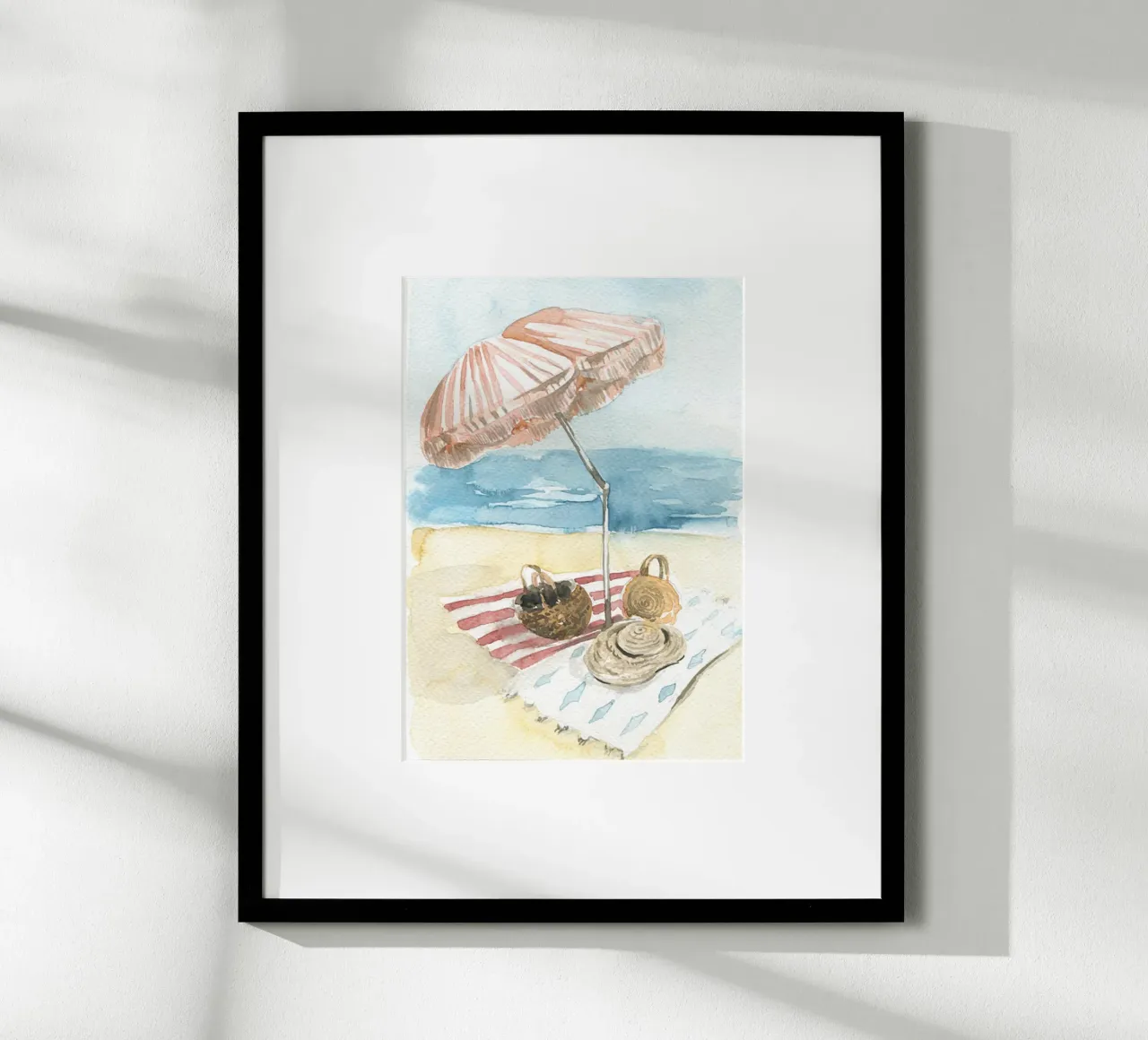 Acquerello vintage sulla spiaggia - Ombrello e cestini a strisce carta hahnemühle da NorwesClub