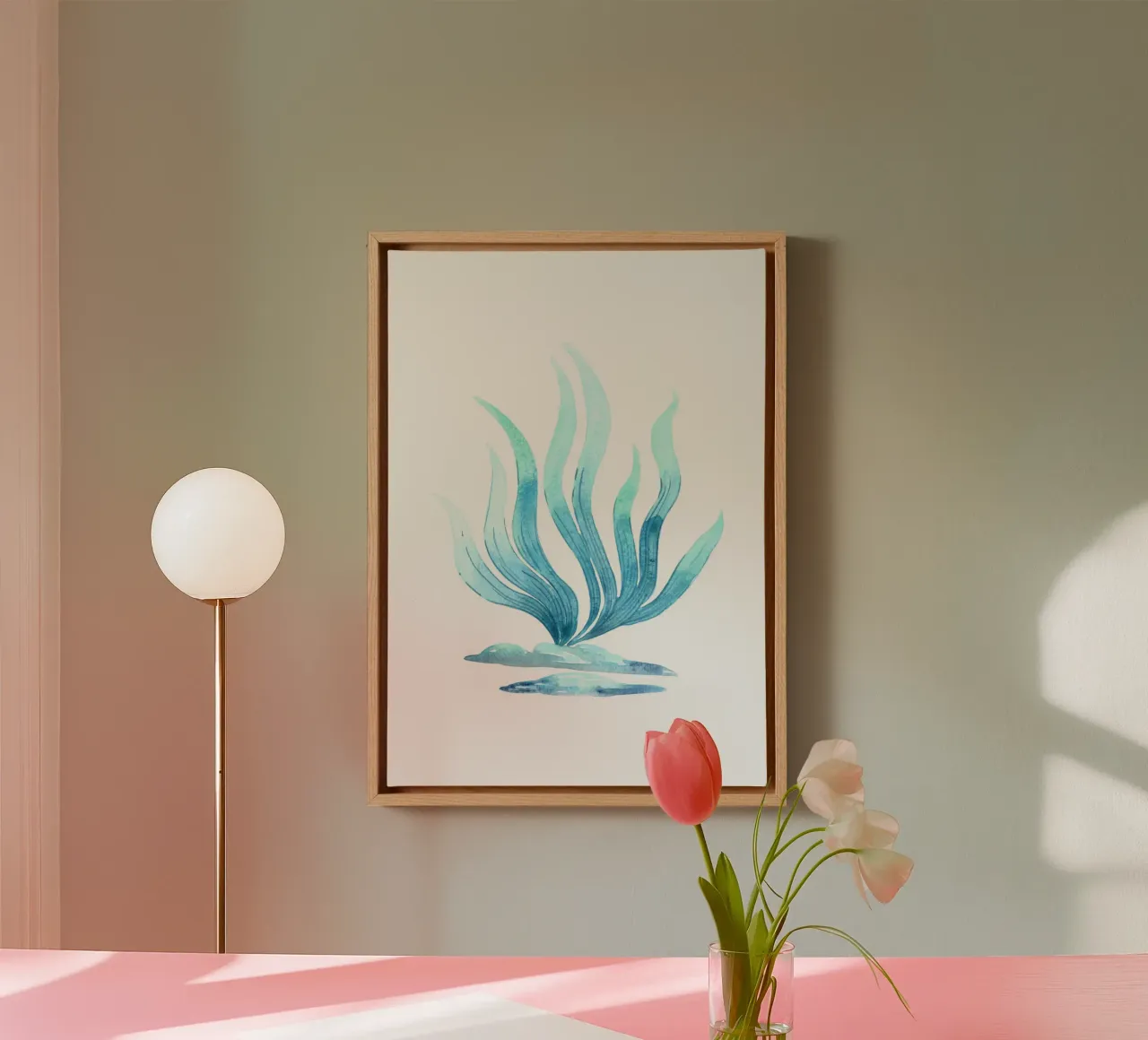 Sierlijk blauw zeewier - Kustwaterverf zeeflora canvas met Baklijst van NorwesClub
