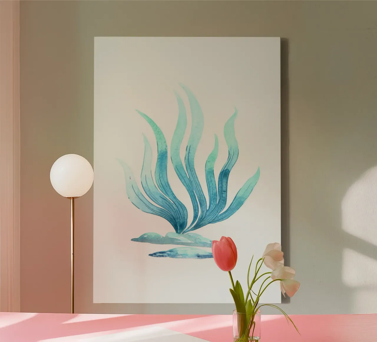 Sierlijk blauw zeewier - Kustwaterverf zeeflora canvas met Baklijst van NorwesClub