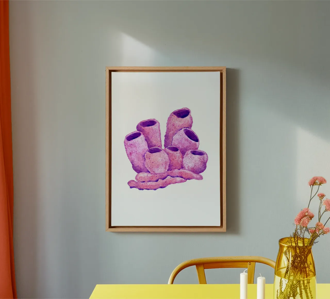 Corallo tubolare rosa e viola - Cluster di scogliera acquerellata tela con Cornice a cassetta da NorwesClub