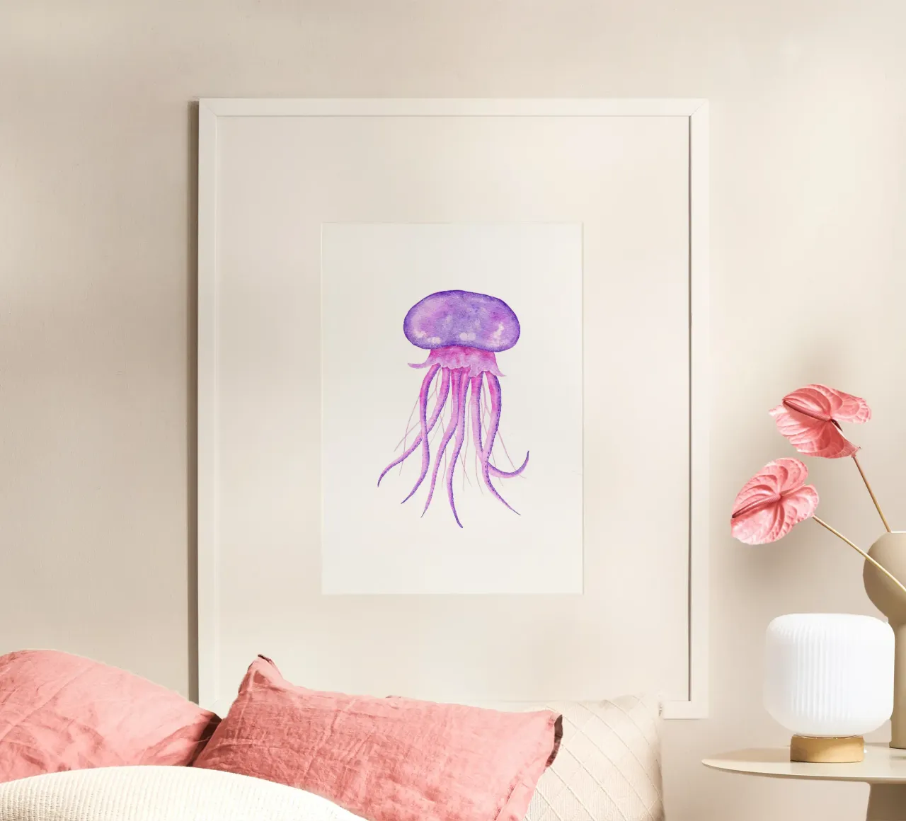 Meduse viola vivaci - Acquerello sulla vita marina poster con telaio in plastica da NorwesClub