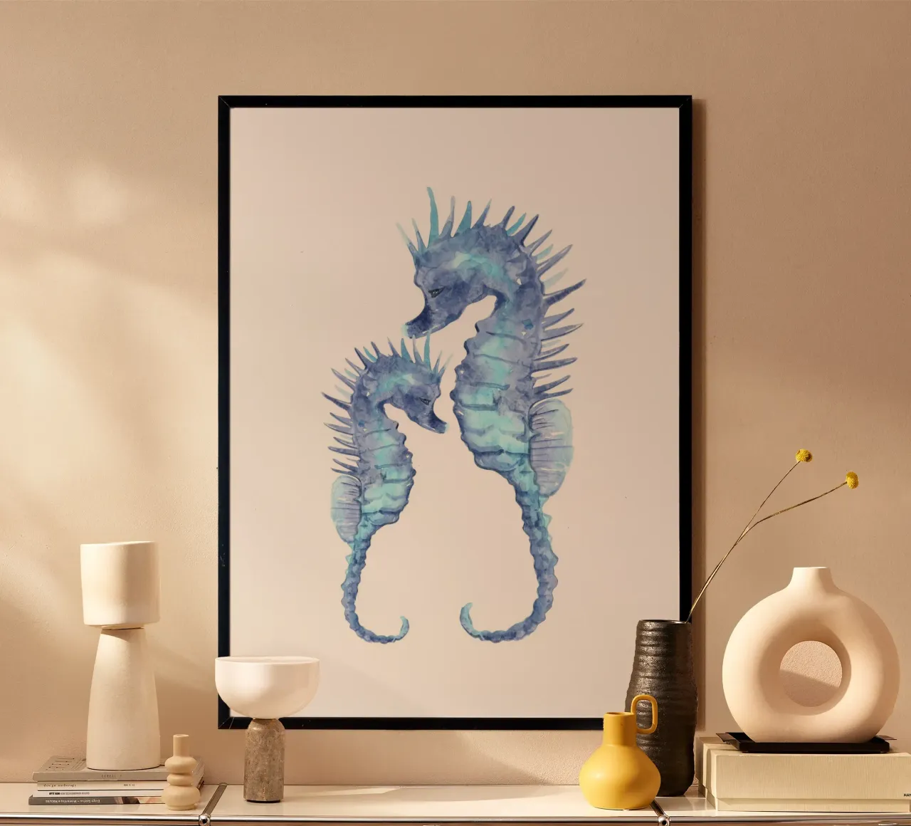 Duo Blaue Seepferdchen - Aquarell Meeresleben Liebe Kunst Poster von NorwesClub
