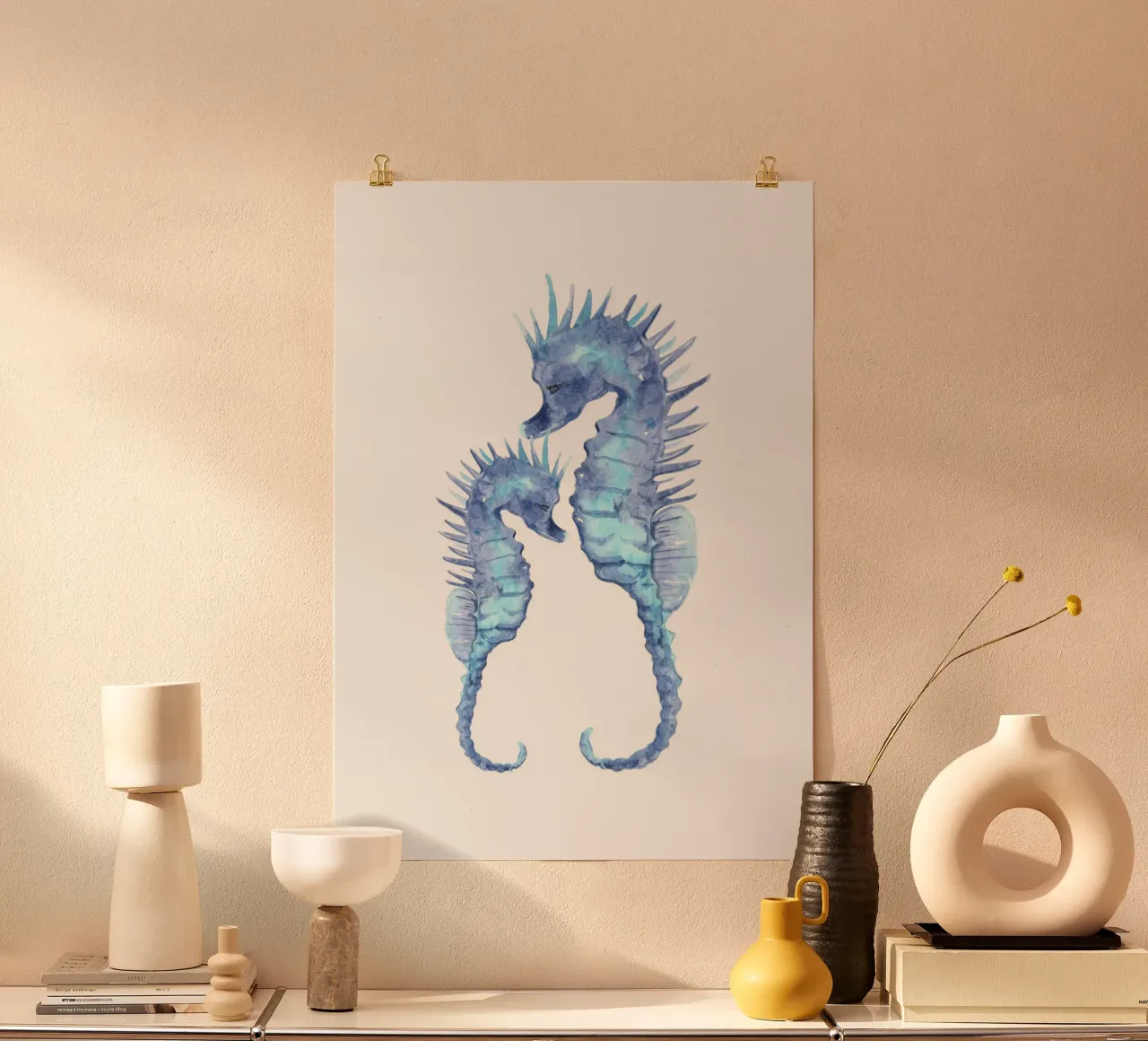 Duo Blaue Seepferdchen - Aquarell Meeresleben Liebe Kunst Poster von NorwesClub