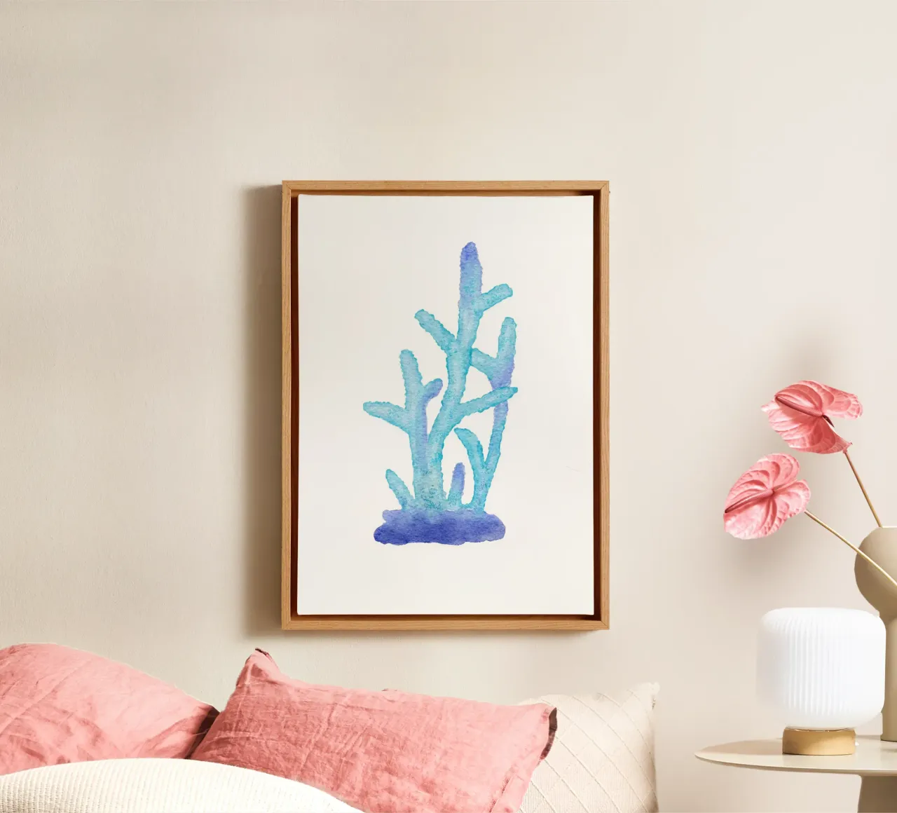 Levendige Koraal Cluster - Aquarel Marine Rif Kunst canvas met Baklijst van NorwesClub