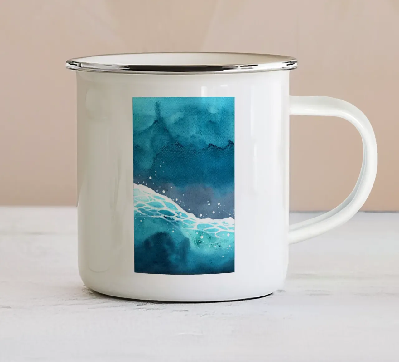 Abstracte oceaangolf - dynamisch aquarel zeegezicht emaille mok van NorwesClub