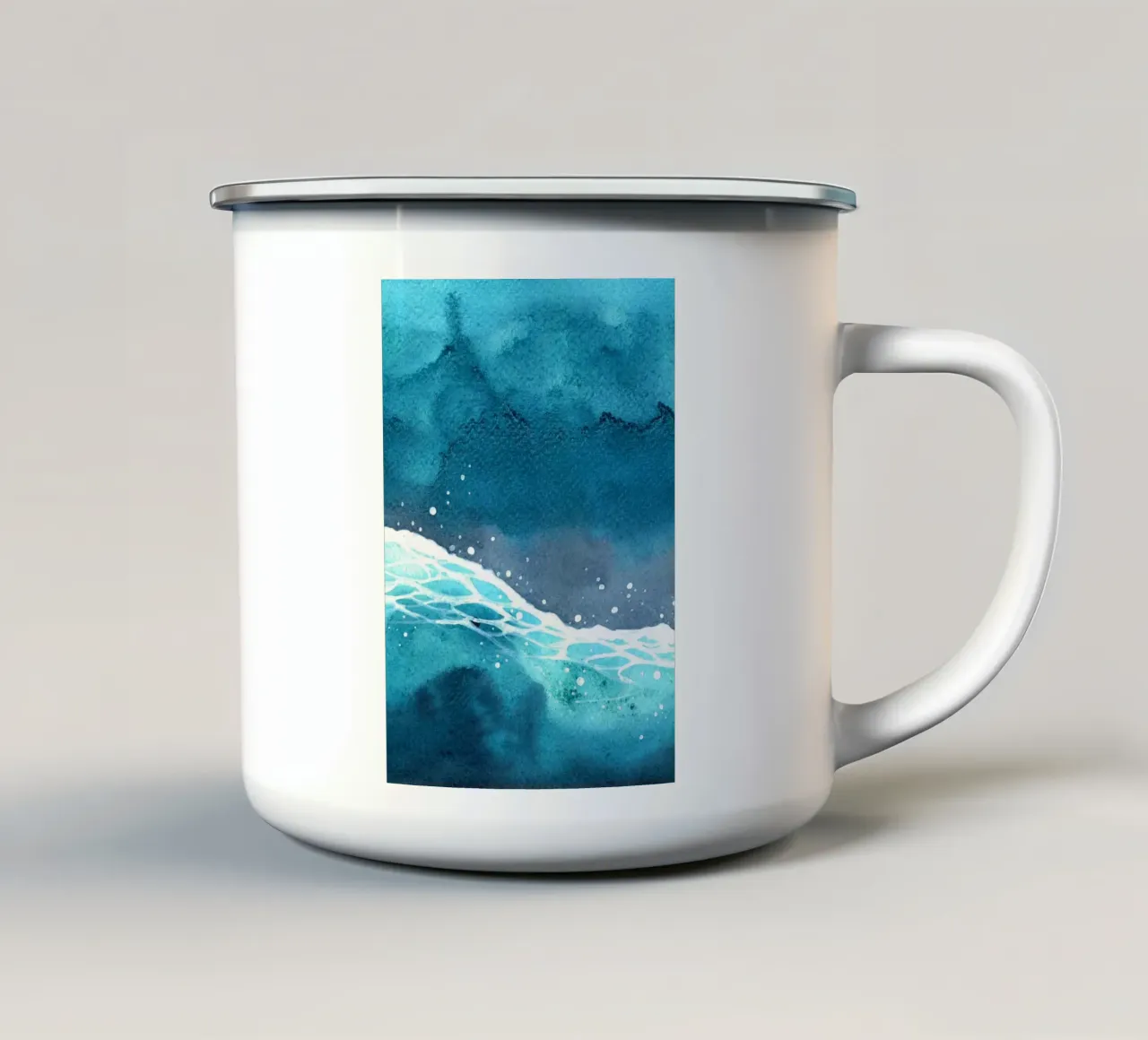 Abstracte oceaangolf - dynamisch aquarel zeegezicht emaille mok van NorwesClub