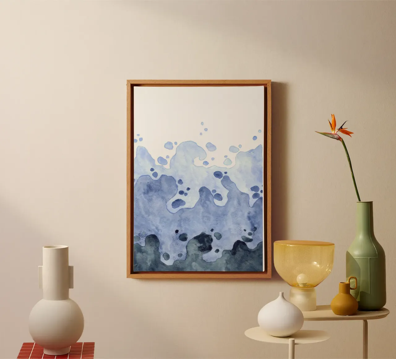 Abstrakte Meeresgischt - Dynamische blaue Aquarellmalerei Leinwand mit Schattenfugenrahmen von NorwesClub